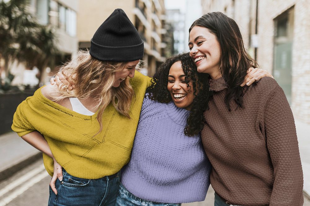 Women's fashion mockup, happy women hugging