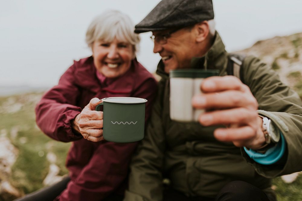 Camping coffee mug mockup, senior couple 