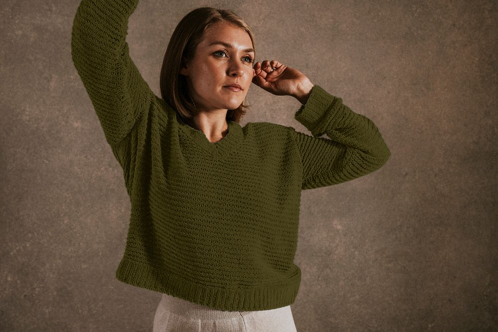 Knitted sweater mockup, women’s studio fashion shoot 