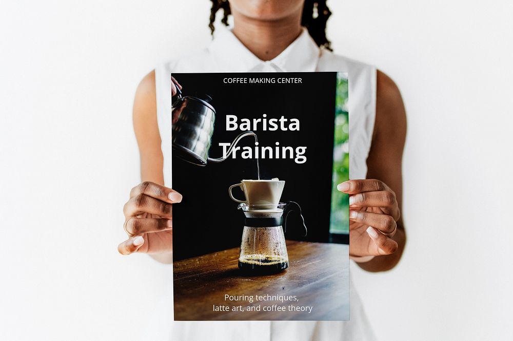 Woman holding barista poster mockup, editable design