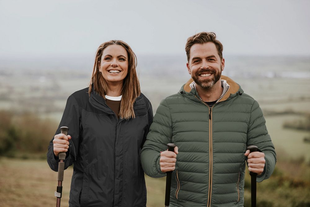 Puffer jacket mockup, hiking outfits 