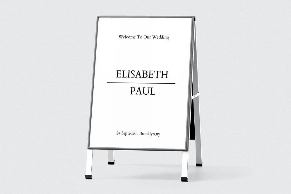 Foldable a-frame sign mockup, wedding logo