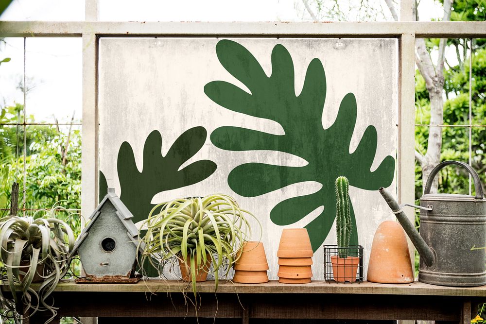 Plant shop sign mockup, home garden with houseplants