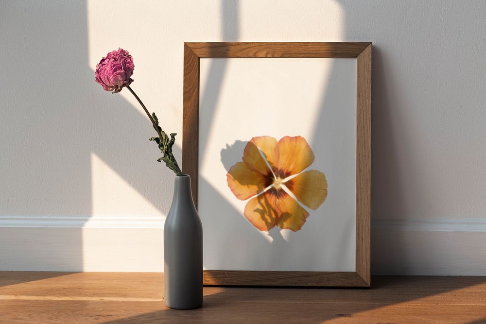 Photo frame mockup, flower vase decor