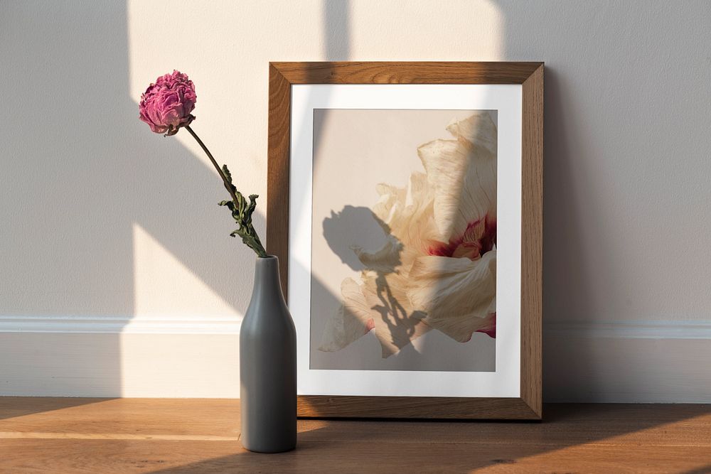 Photo frame mockup, flower vase decor