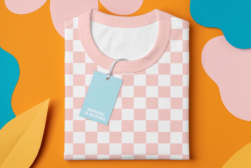 Folded checkered pattern t-shirt mockup, customizable fashion