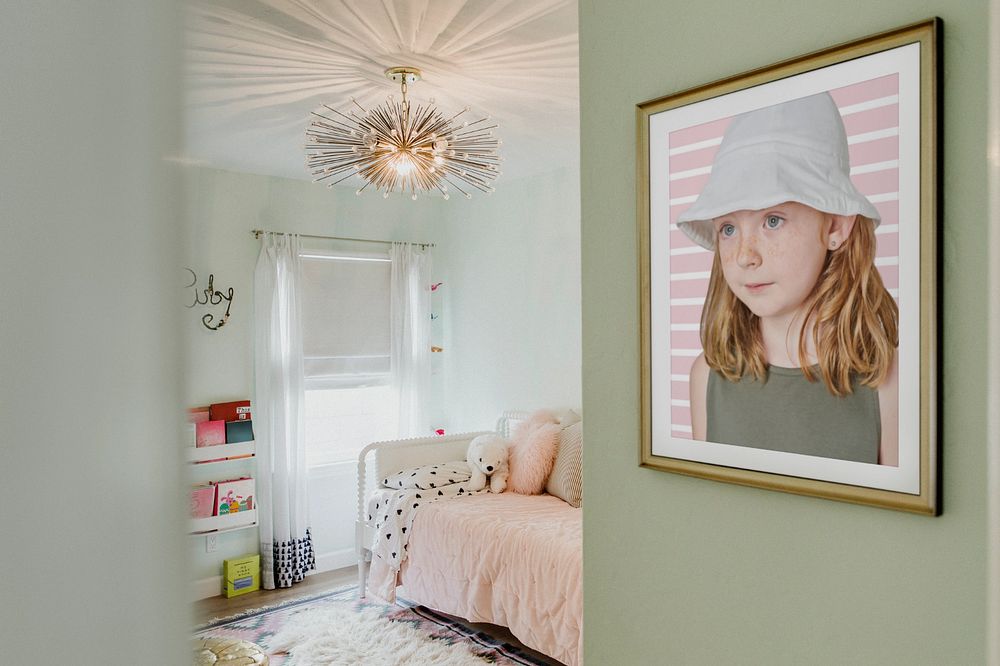 Photo frame mockup, girls bedroom decor