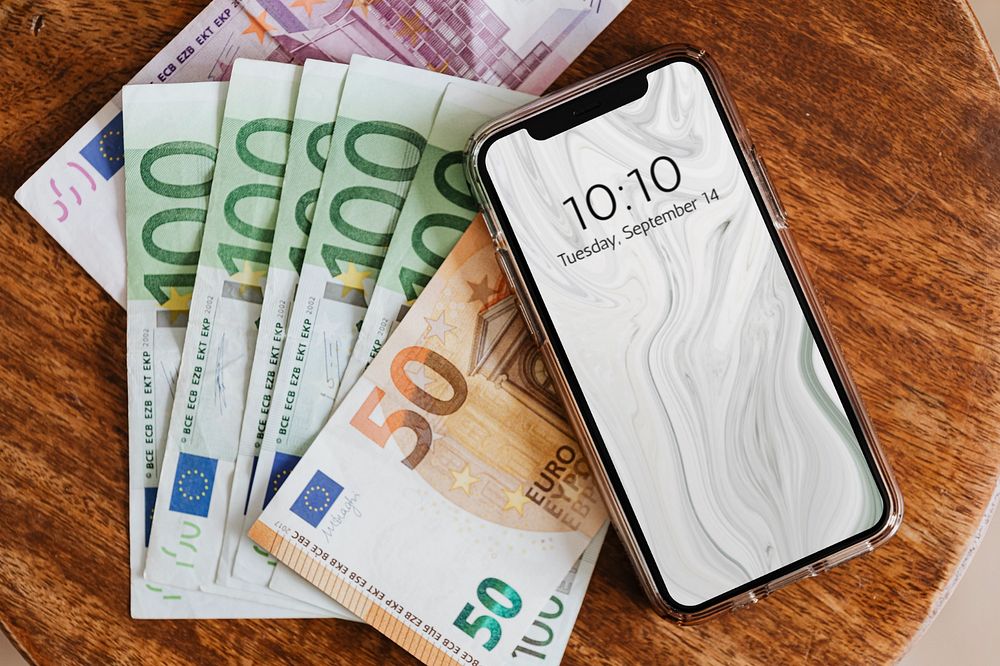 Money & iPhone mockup screen, flat lay design