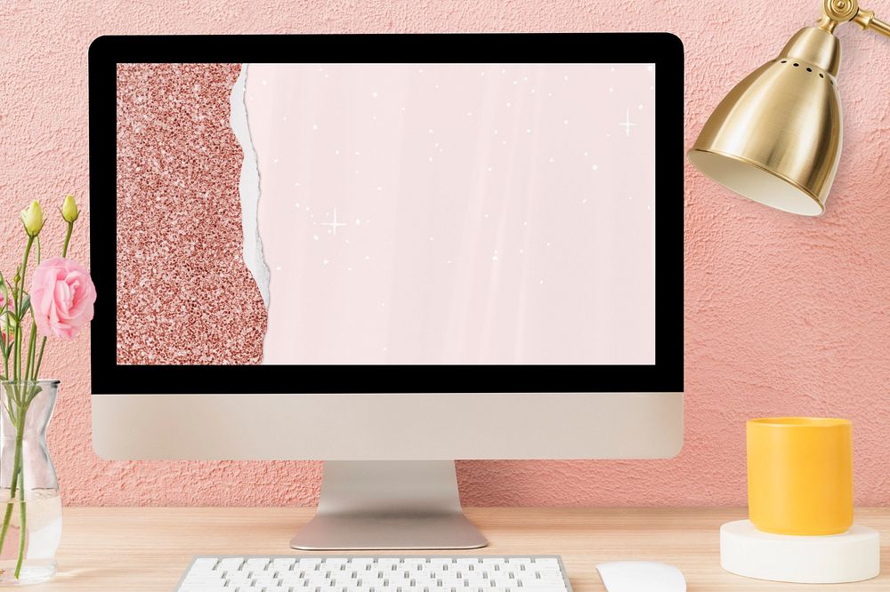 Pink desktop computer screen mockup, customizable design