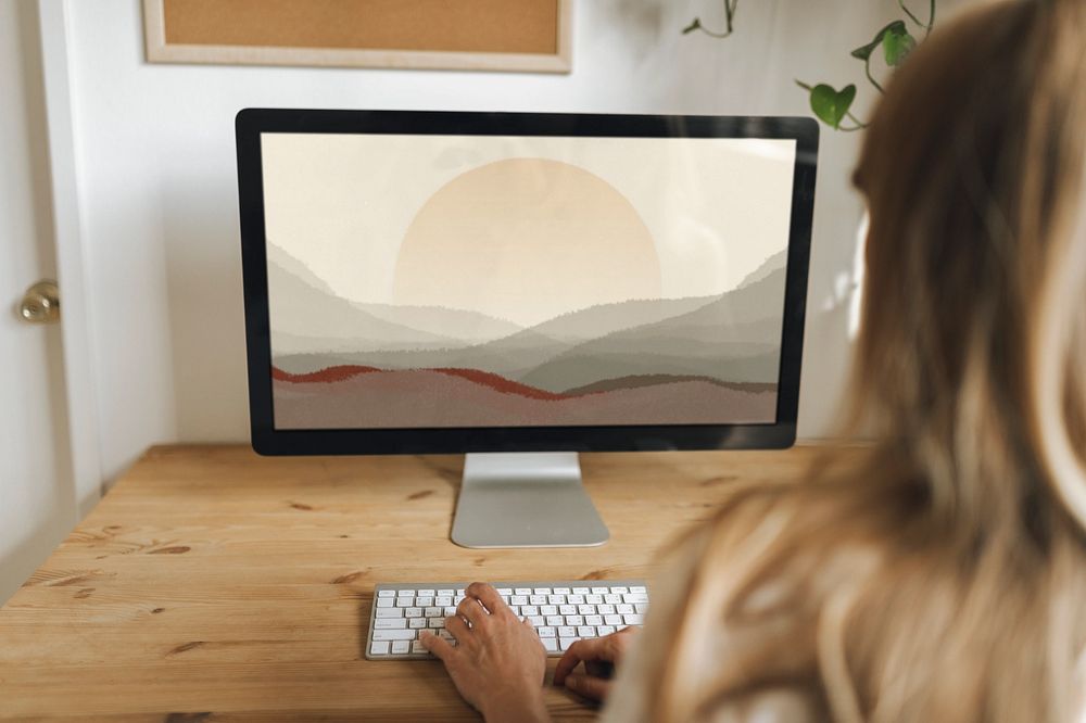 Woman using computer mockup, customizable design