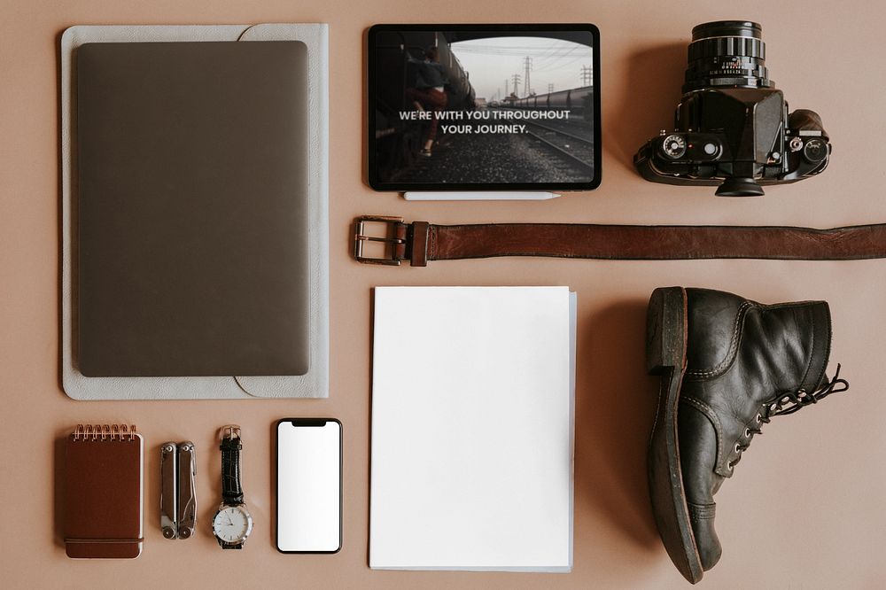 Tablet mockup, travel essentials flat lay design