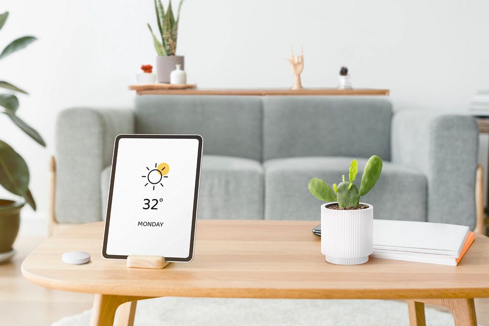 Smart home tablet mockup, editable digital device screen