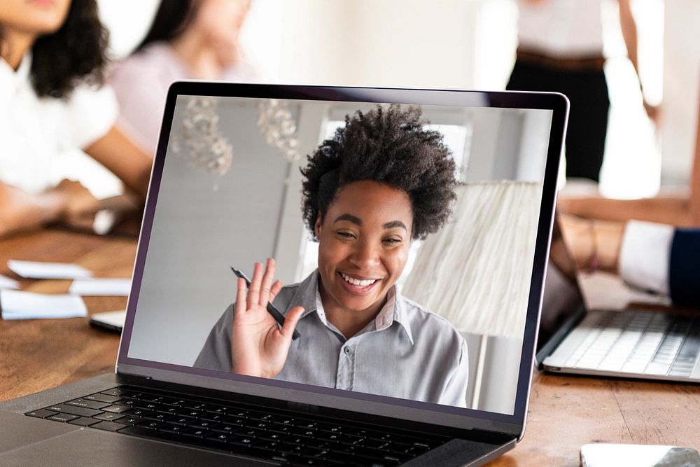 Video call, laptop mockup, editable screen