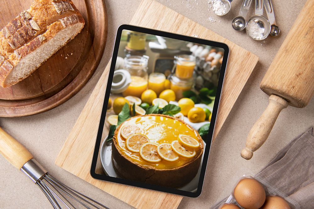 Baking recipe, tablet mockup, editable digital device screen