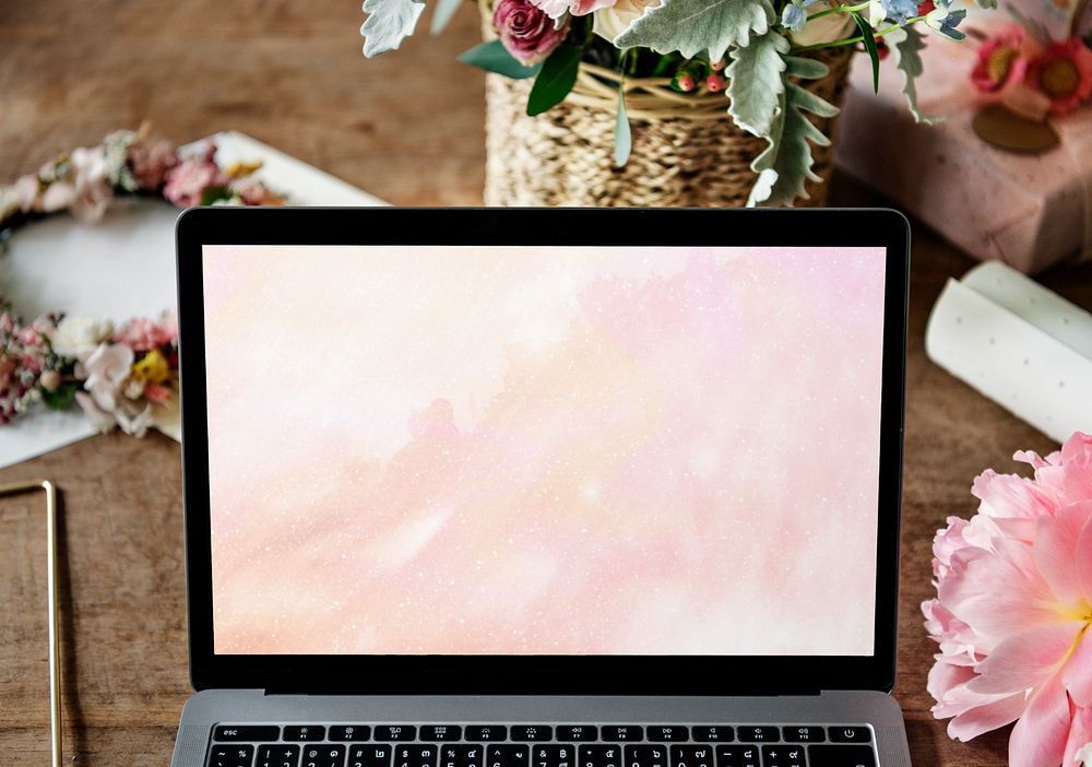 Florist shop, laptop mockup, customizable notebook screen