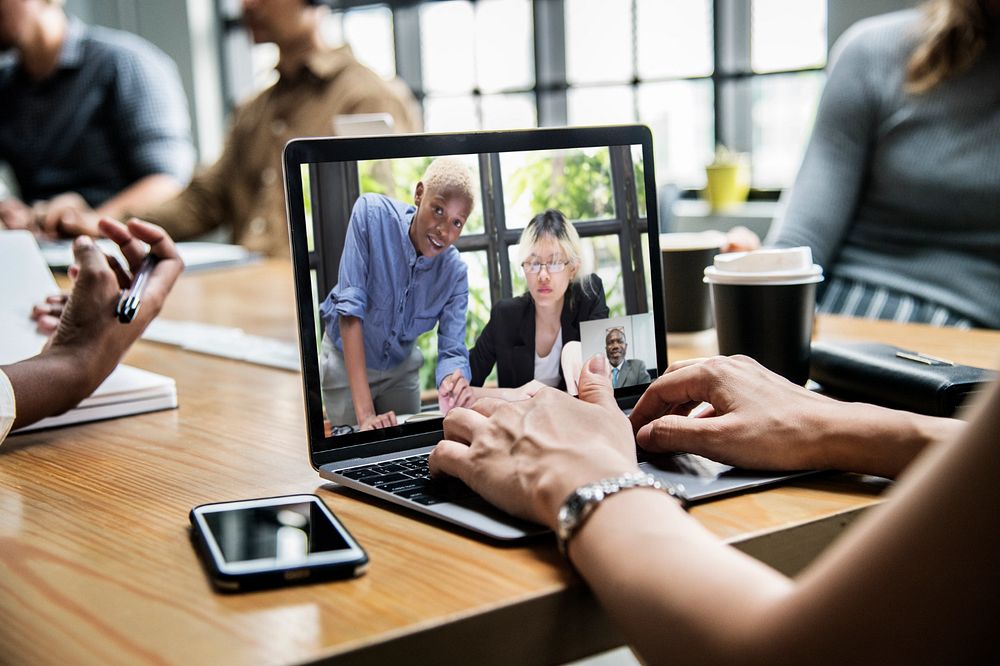 Business video call, laptop mockup, editable screen