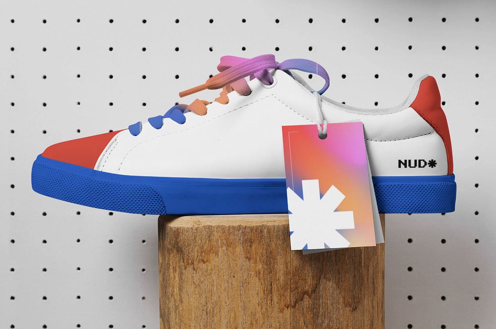 Clothing tag mockup on colorful sneaker