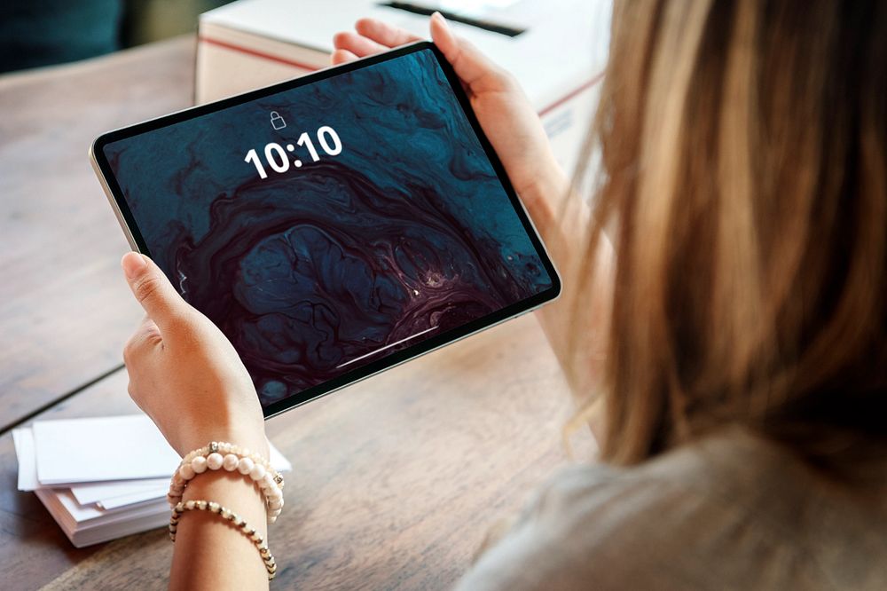 Woman using tablet mockup, editable design