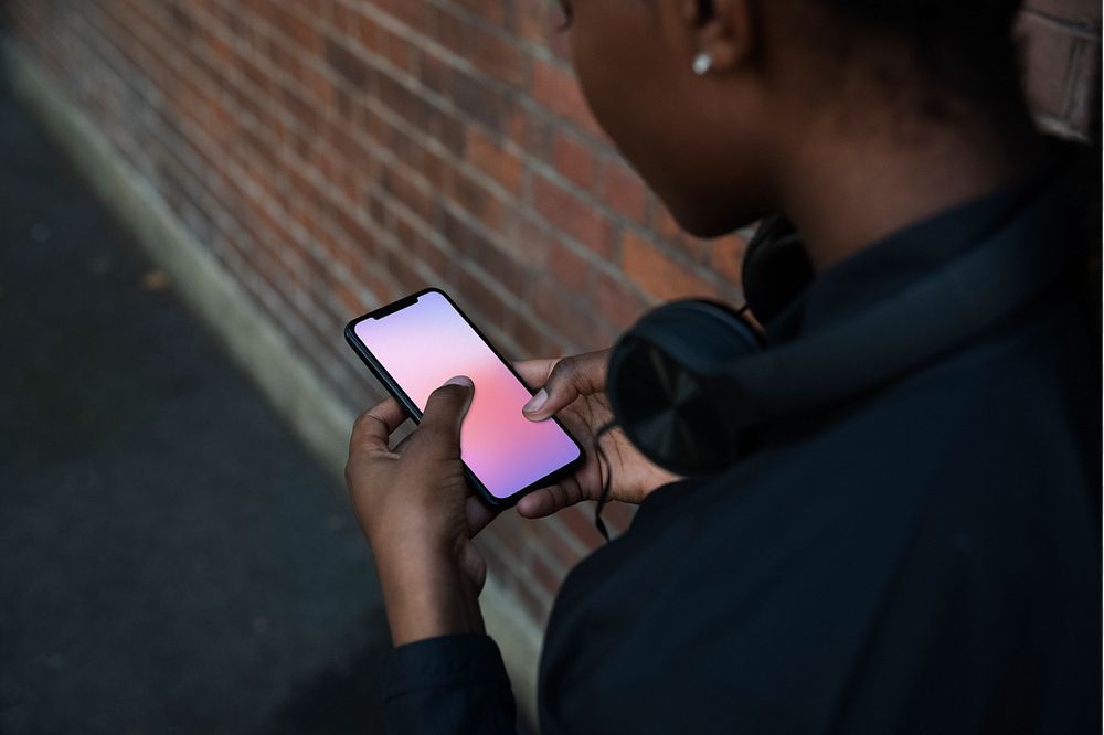 Woman using mobile mockup, editable phone screen