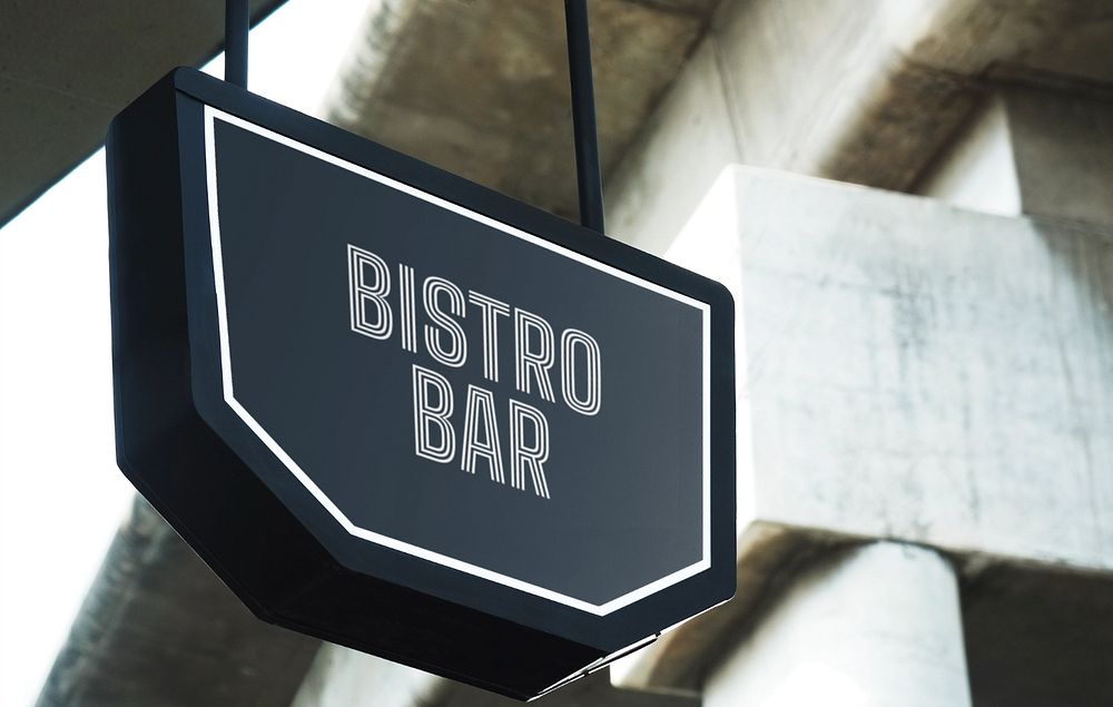 Bistro bar sign mockup, hanging signage design