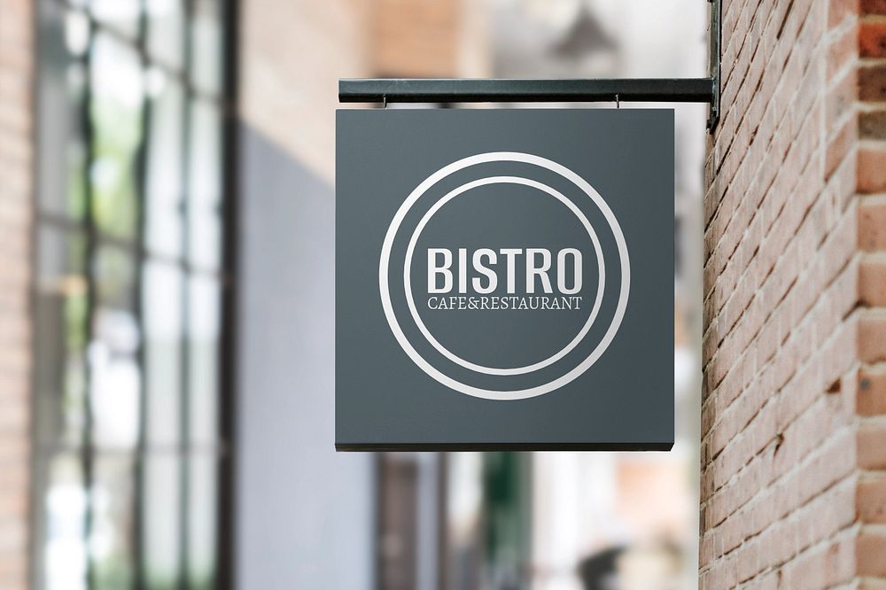 Bistro sign mockup, brick wall design