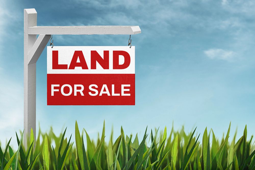 Land for sale sign mockup, grass field & blue sky design