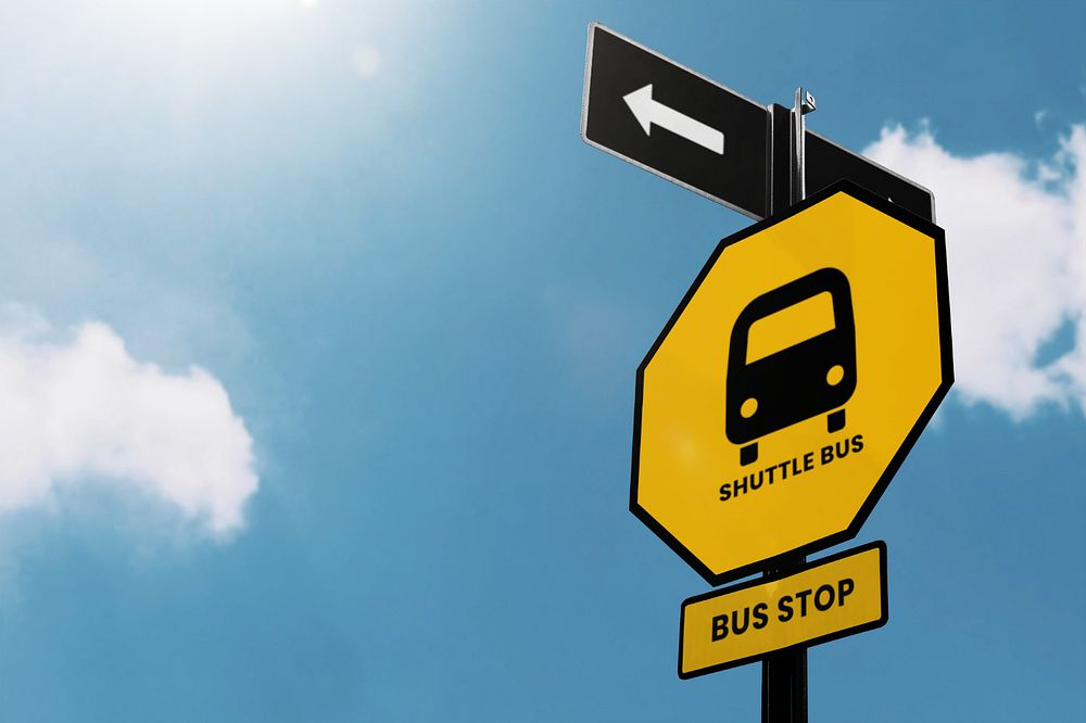 Bus stop sign mockup, blue sky design