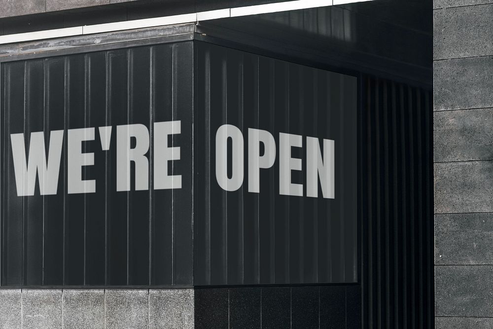 Black wall sign mockup, we're open design