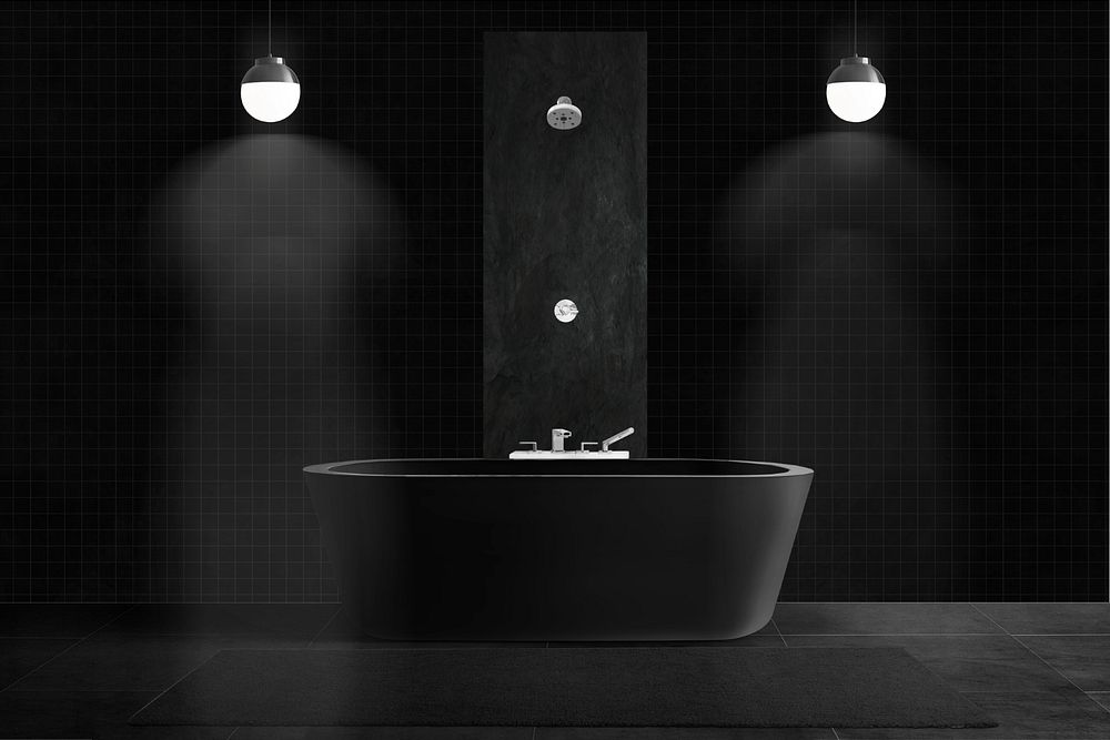 Black modern bathroom wall mockup, editable design