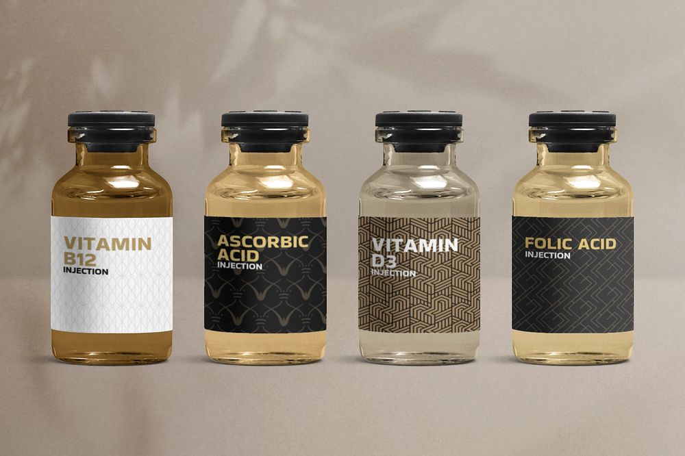 Vitamin injection vial bottle mockup, customizable label