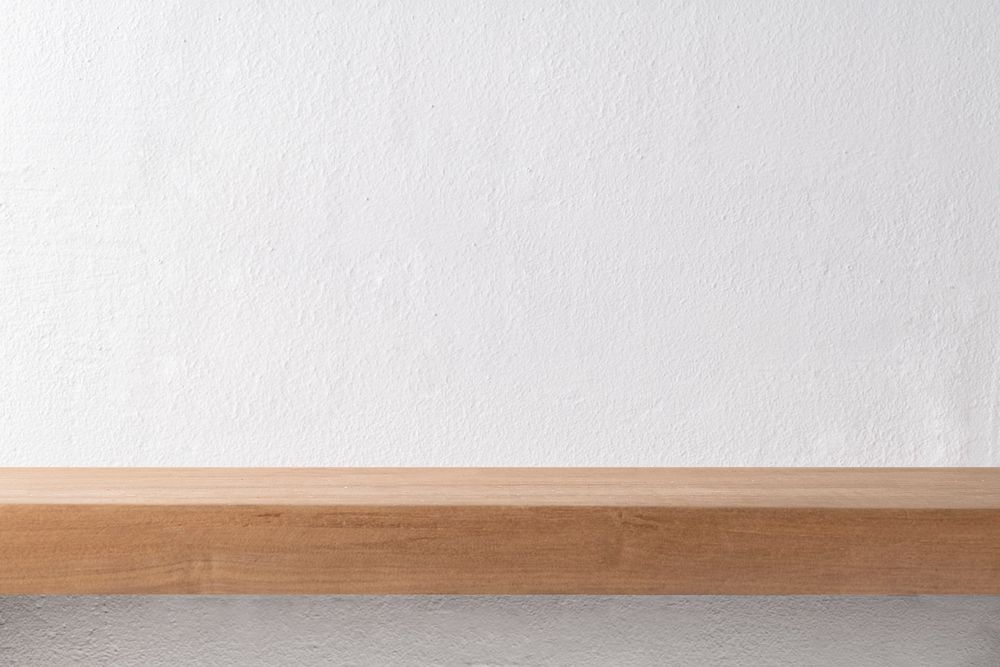 Gray wall mockup, editable wooden shelf design