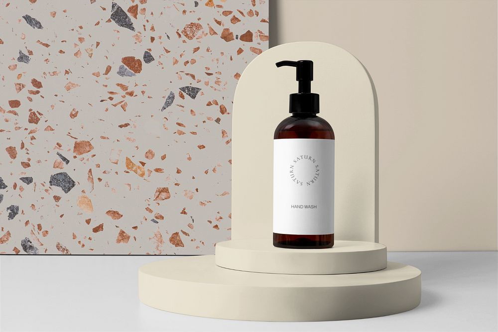 Pump bottle label mockup, editable skincare product backdrop