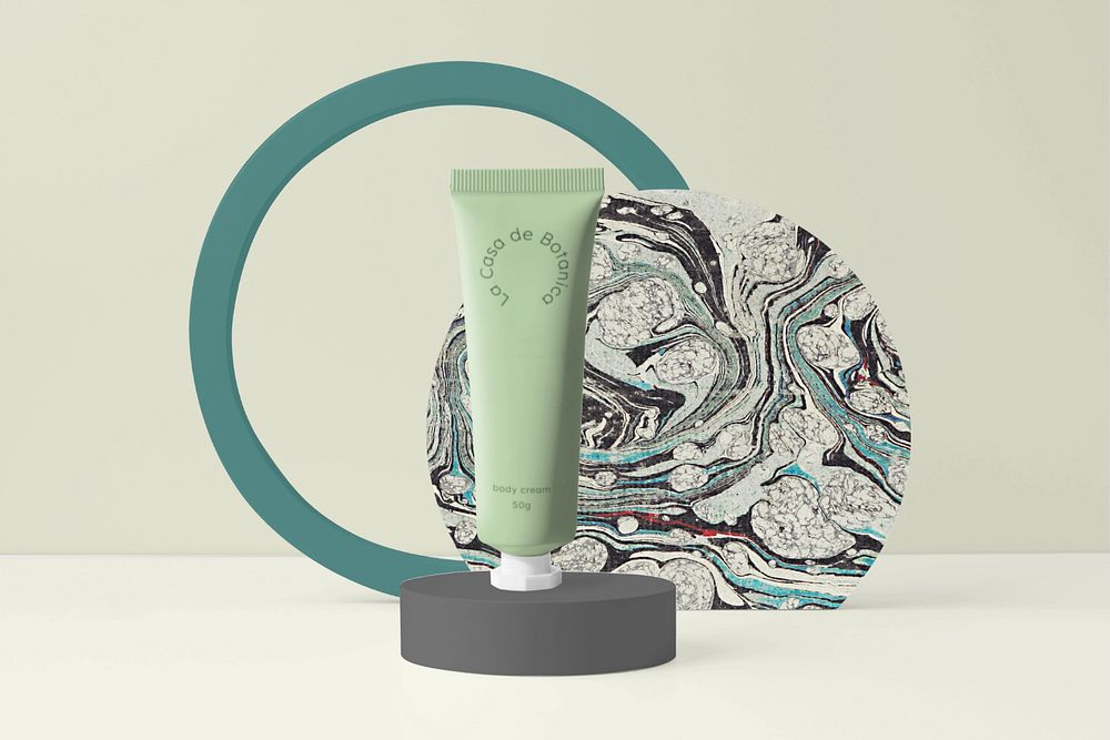 Green cosmetic tube mockup, editable skincare product backdrop