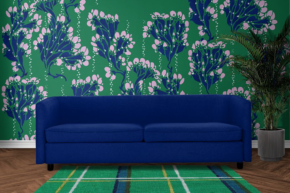 Living room wall mockup, editable vintage flower patterned design, remixed by rawpixel