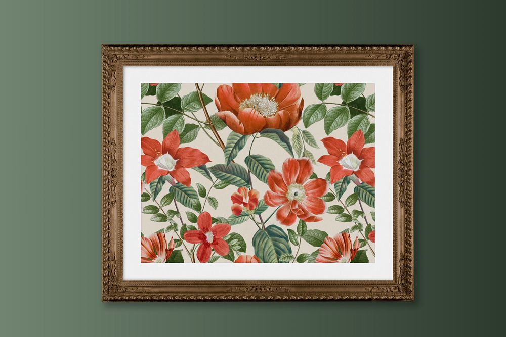 Brown picture frame mockup, Flower pattern's Joseph Redouté, remixed by rawpixel