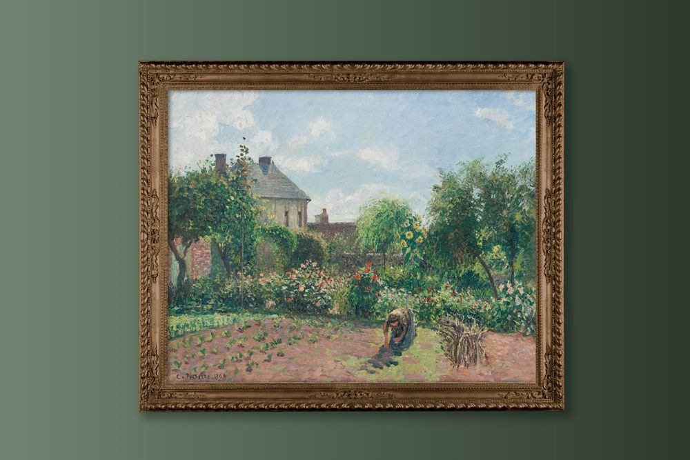 Brown picture frame mockup, Camille Pissarro's The Artist's Garden at Eragny remixed by rawpixel