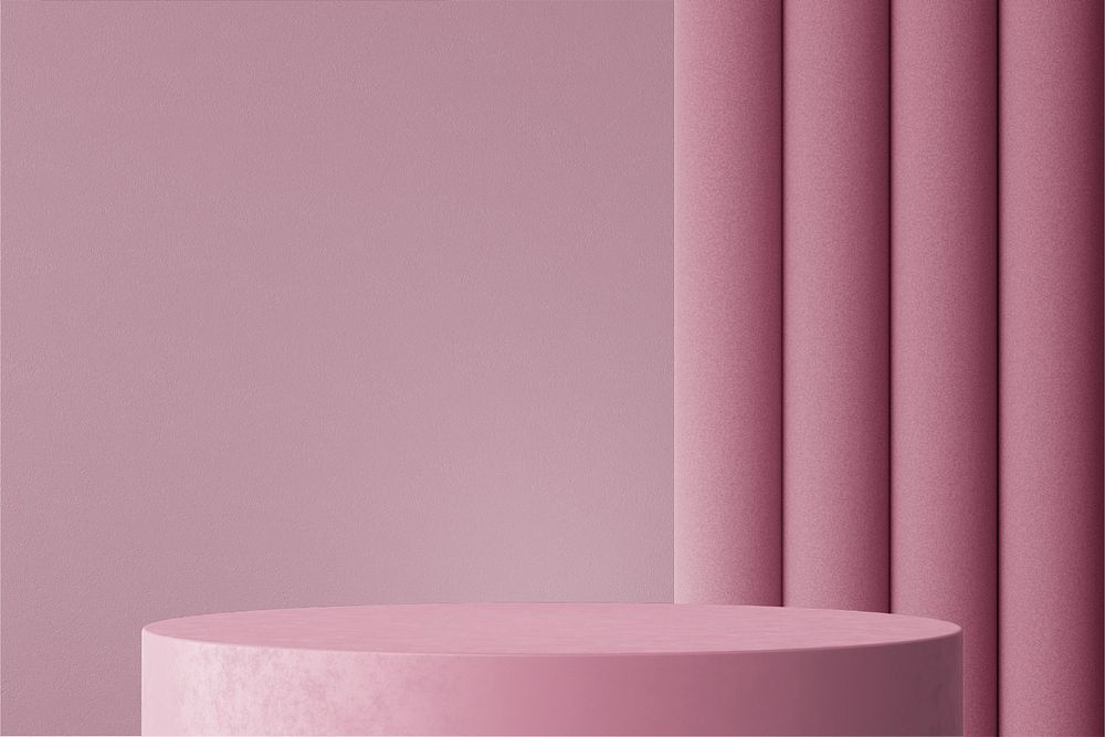 Pastel pink product background mockup, 3D curtains with product base, editable design