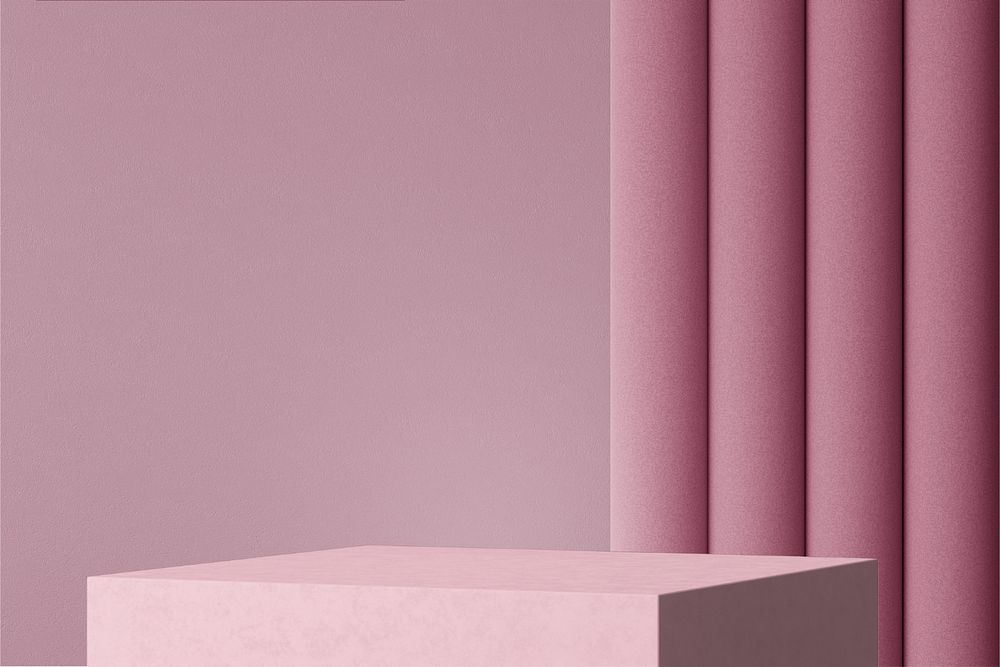 Pastel pink product background mockup, 3D curtains with product base, editable design