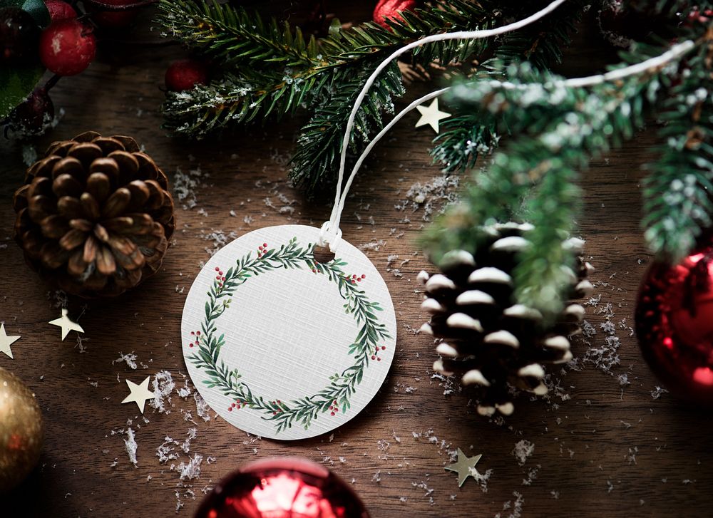 Tag label mockup on a Christmas background, editable design 