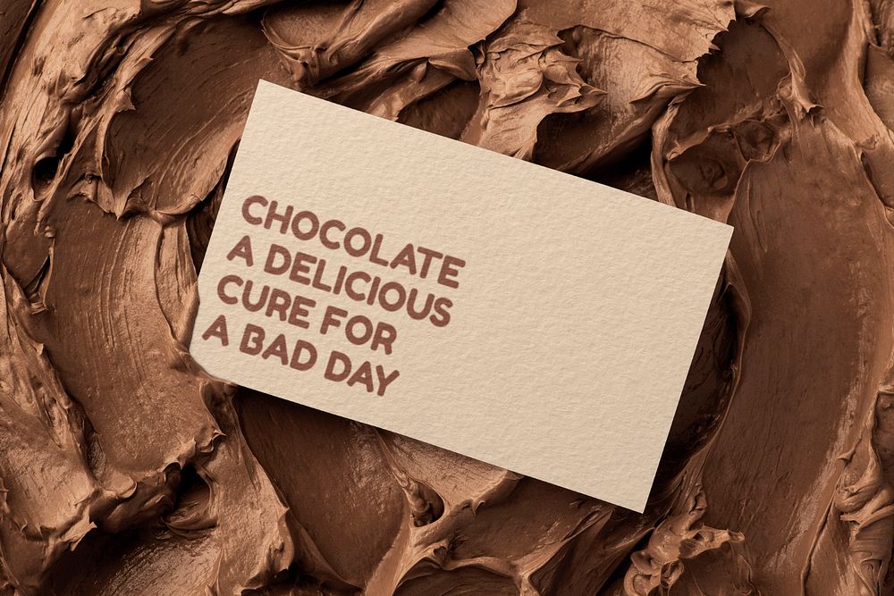 Editable business card mockup on chocolate ice cream background, cure for a bad day 