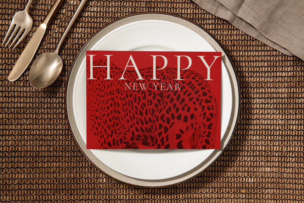 Happy New Year card mockup, editable red leopard print design