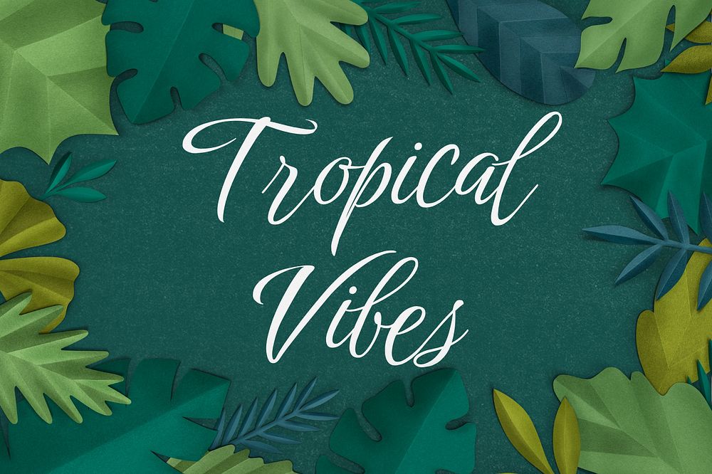 Editable paper mockup with tropical leaves paper craft border frame