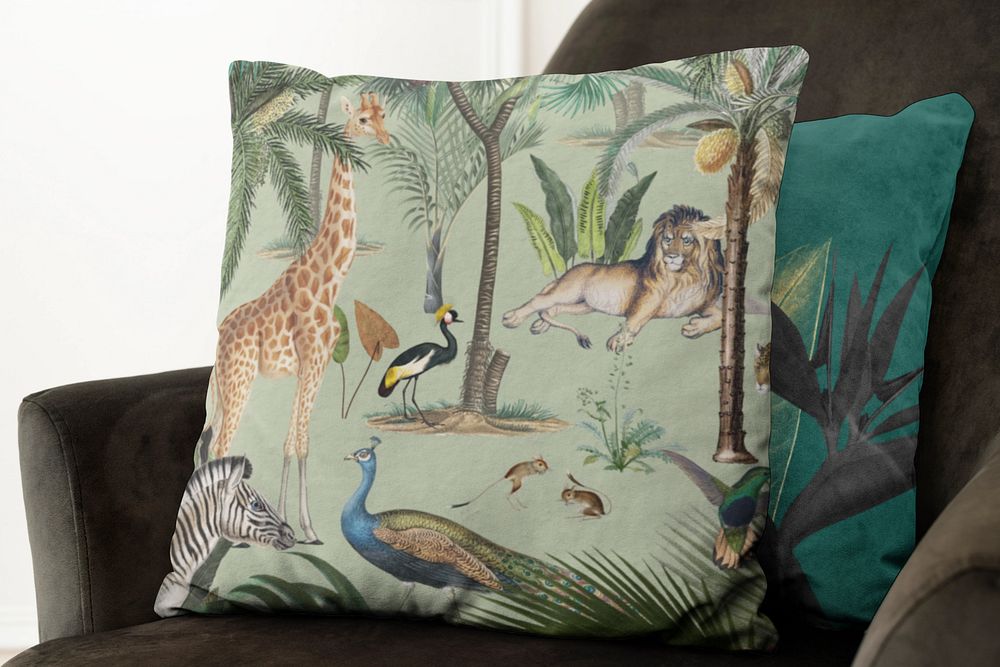 Cushion cover mockup, vintage wildlife pattern, editable design