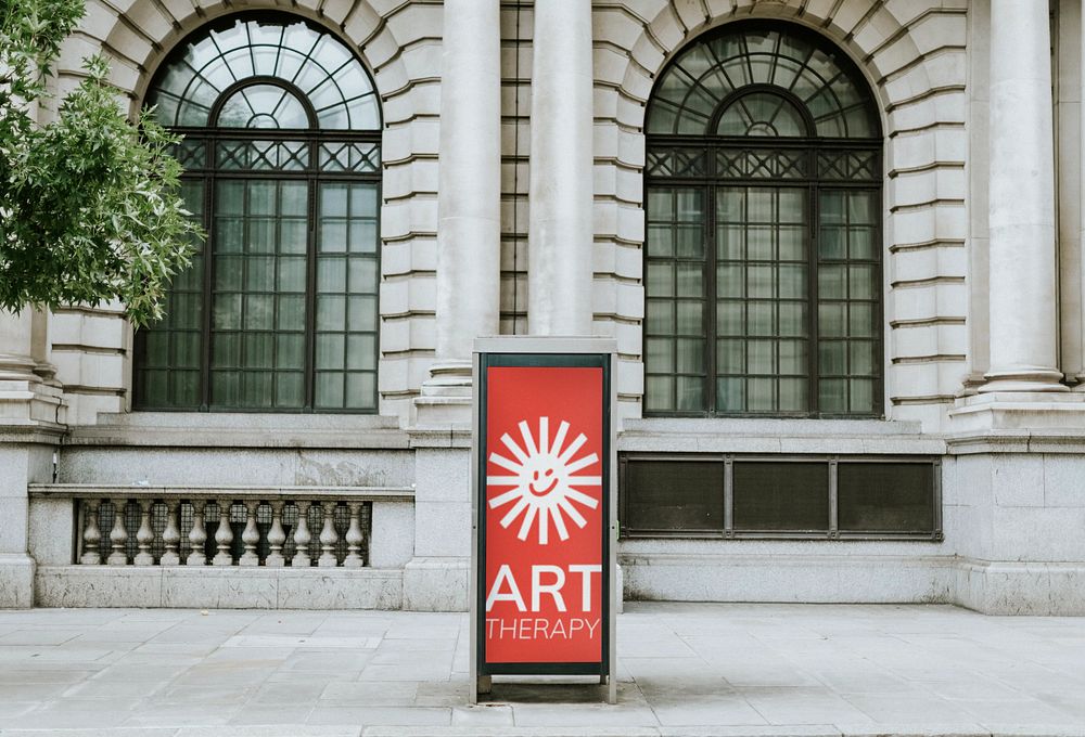 Editable street billboard mockup in front of a museum