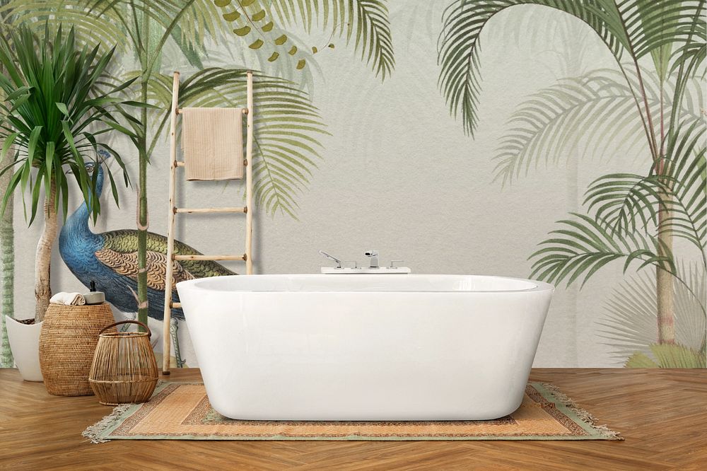 Bathroom wall mockup, tropical wildlife, editable design