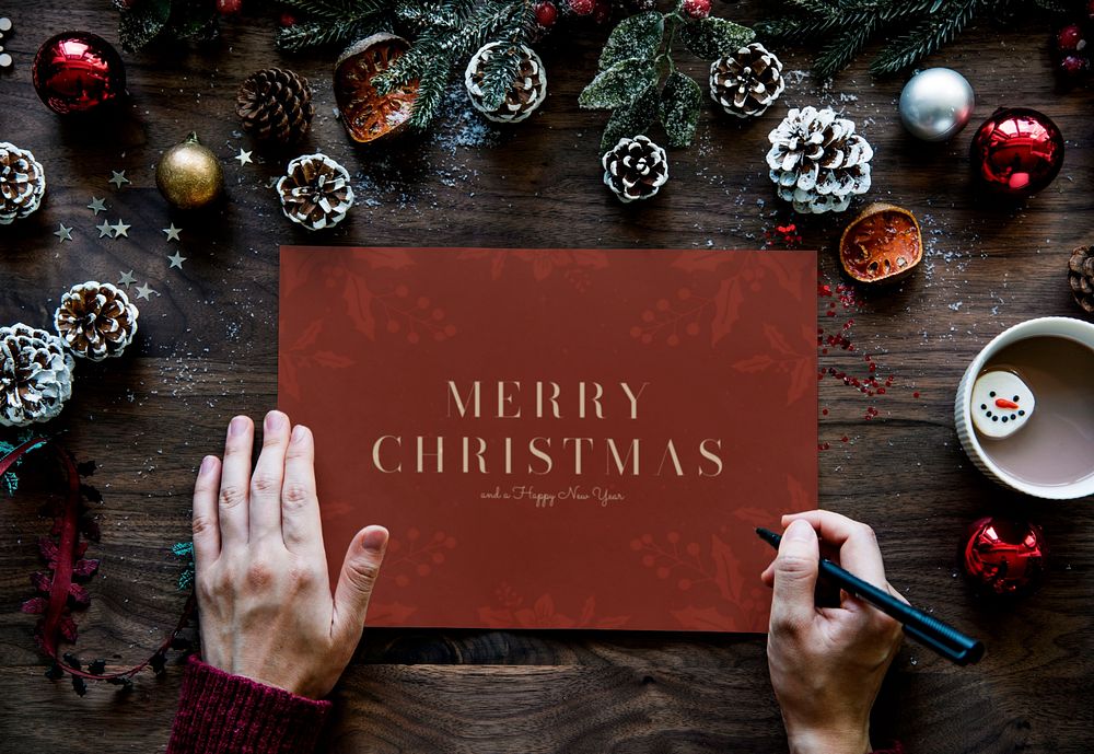 Christmas card mockup, editable and customizable red holidays card design