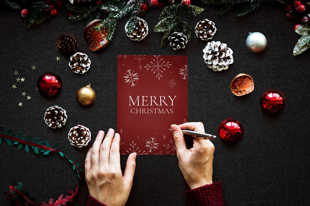 Merry Christmas card mockup, editable and customizable red holidays card design 