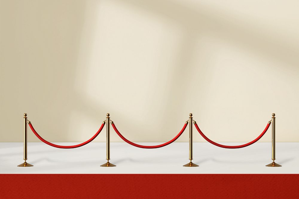 Red carpet product backdrop mockup, 3D barriers, editable design