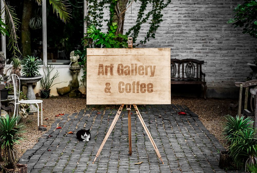 Wooden sign mockup, editable art gallery design