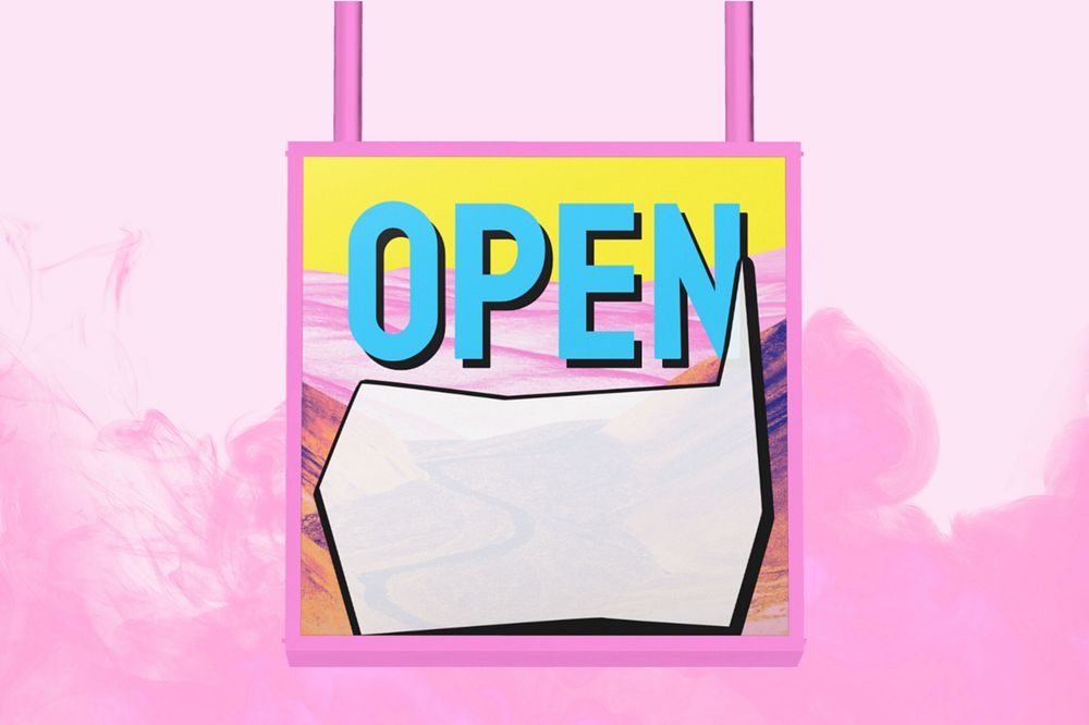 3D hanging open sign mockup, editable pink design